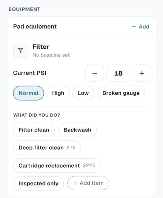 Mobile filter equipment view with type, brand, clean PSI, and photo.