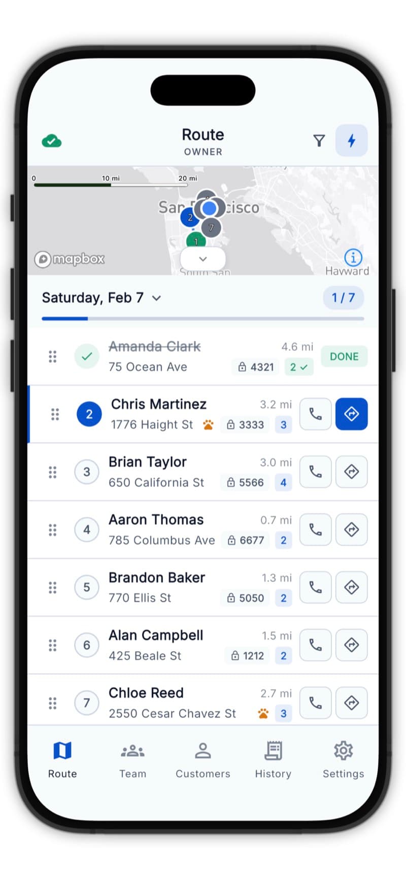 Route tab with multiple stops