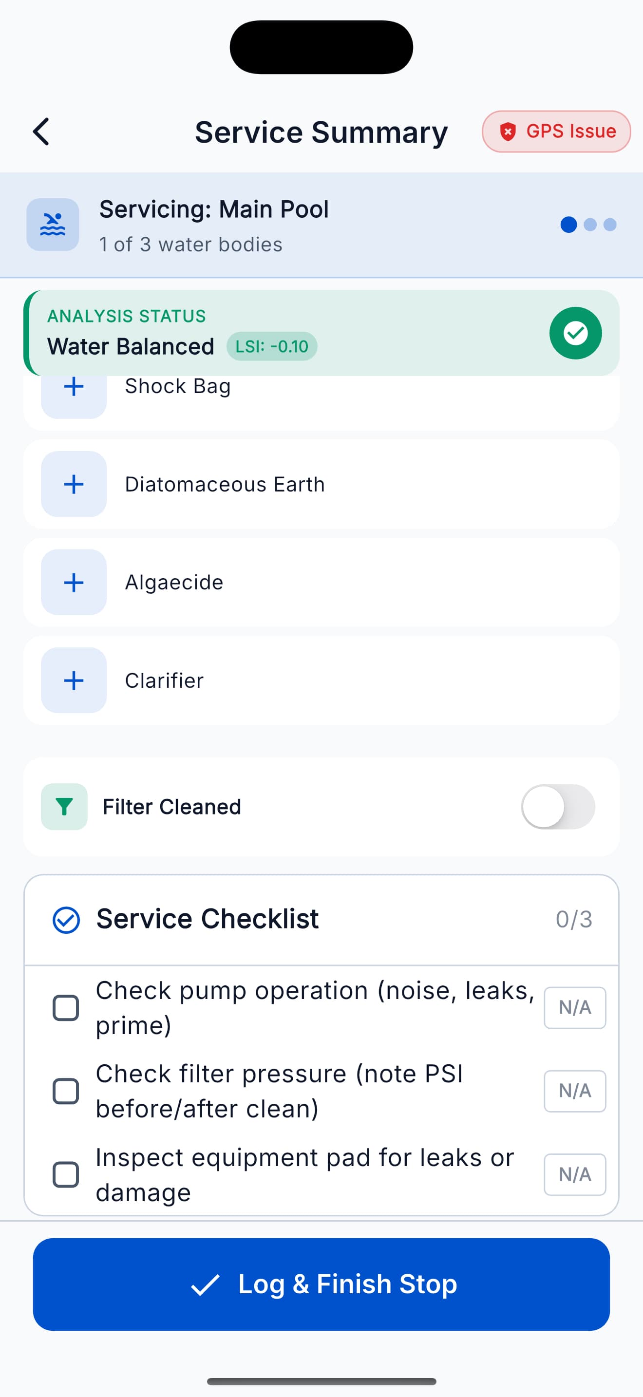 PoolOps completed service summary with checklist items