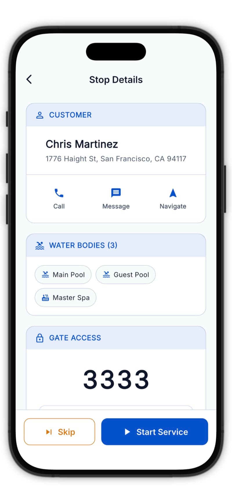 Stop card expanded with action buttons