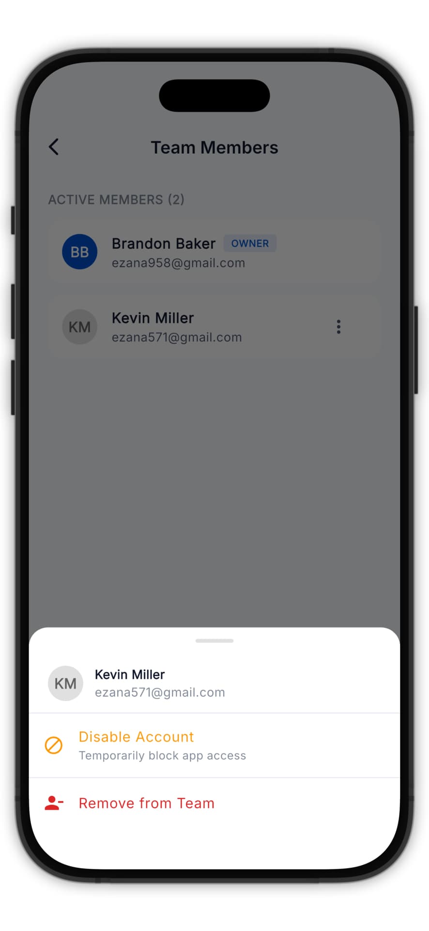 Team member action sheet with disable and remove options