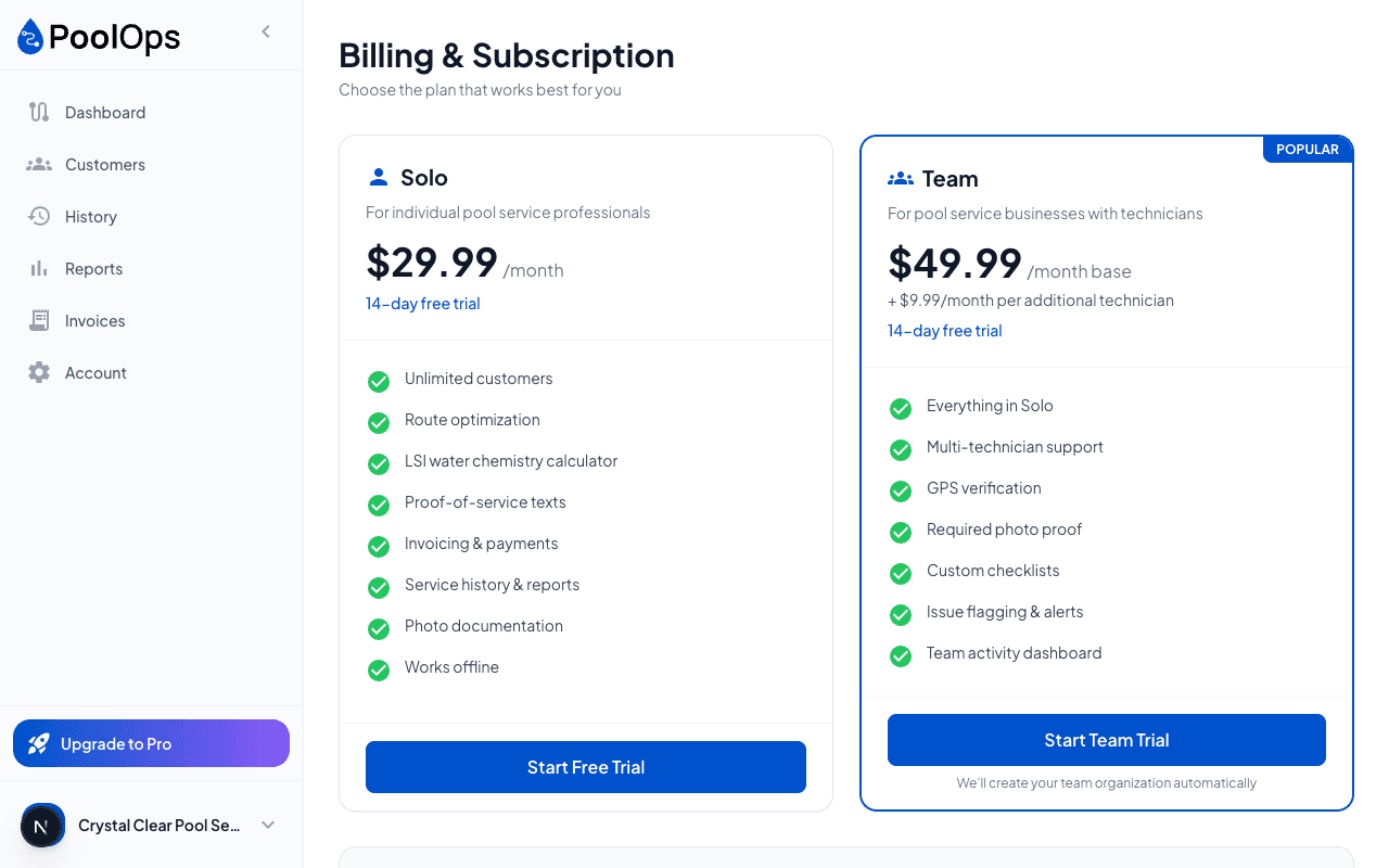 Plan selection screen showing both tiers