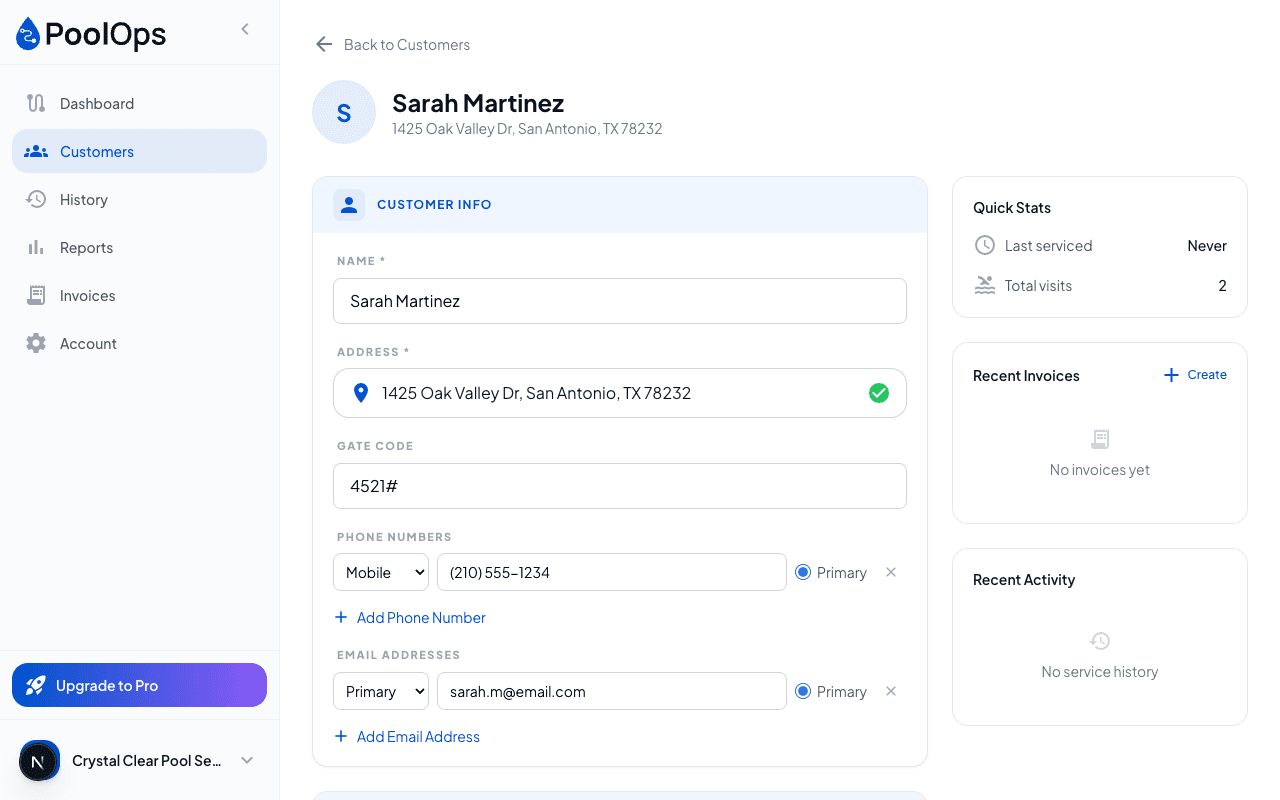 Customer detail page with service history