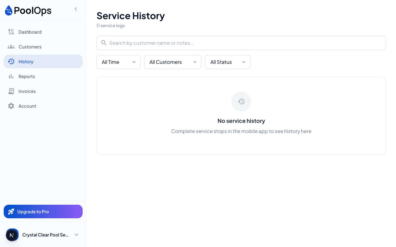 PoolOps web service history with technician and customer visit records