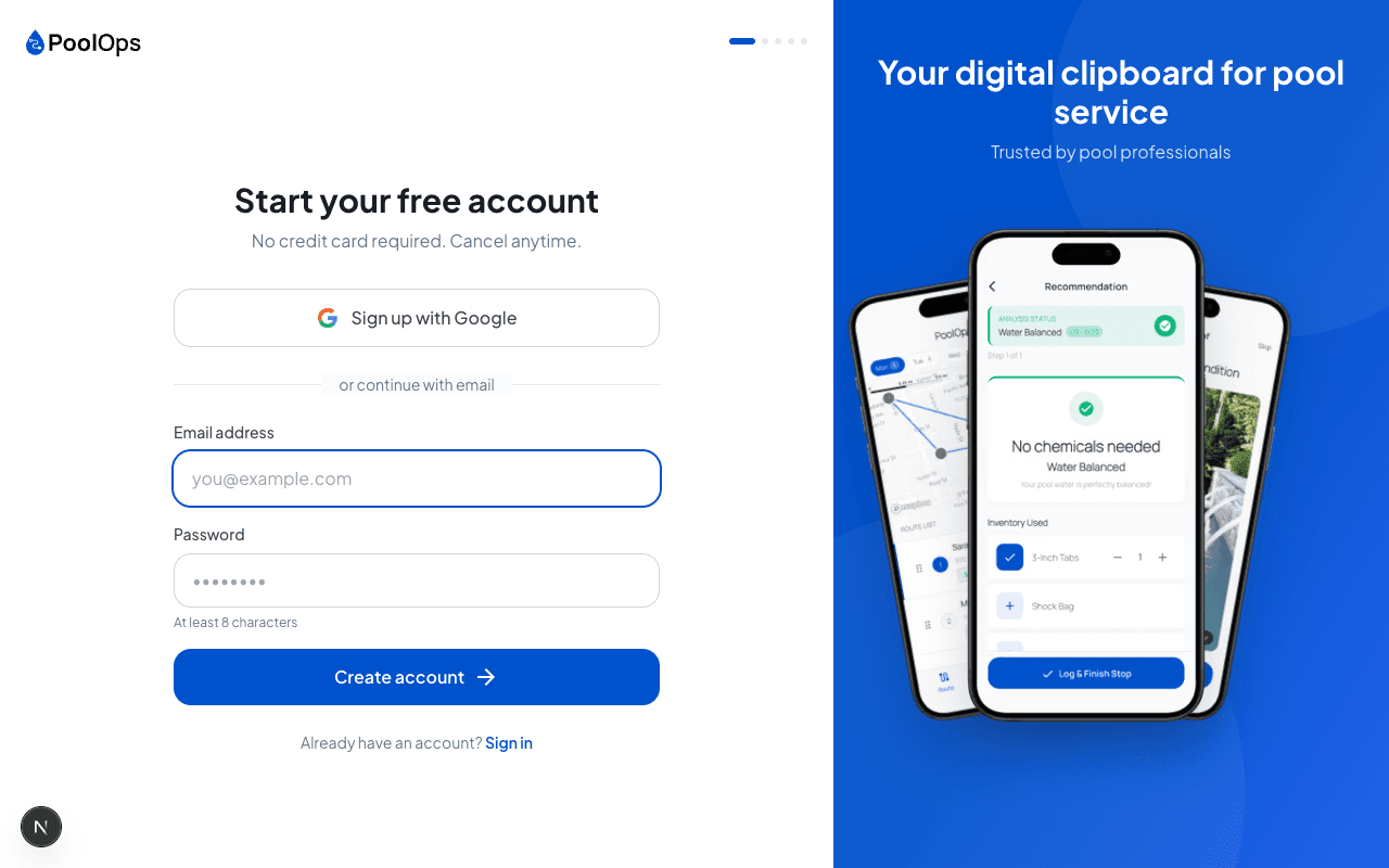 PoolOps signup page with email and password fields