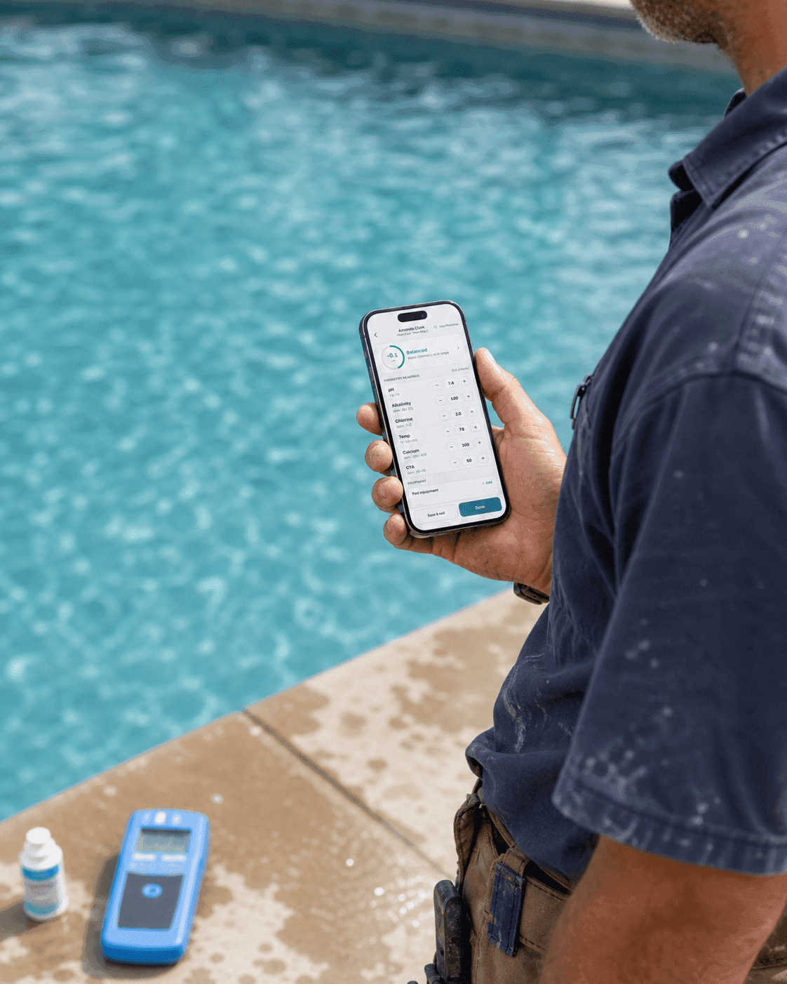 A pool service technician logs LSI-balanced chemistry on the PoolOps dosage screen at the edge of a residential pool