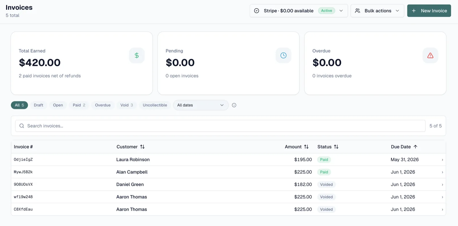 PoolOps invoice status dashboard showing paid and pending invoices