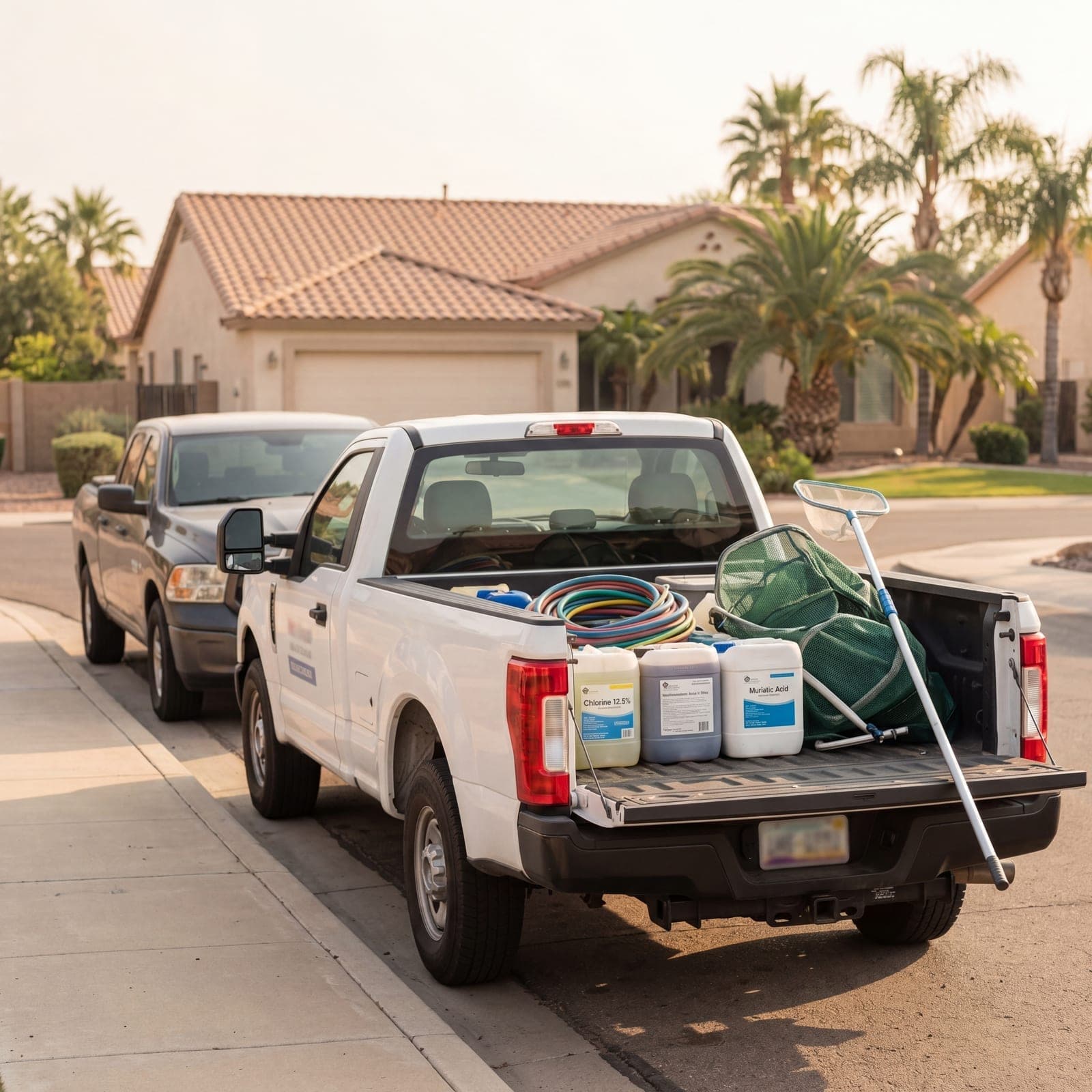 Two pool service trucks arriving at a residential property.