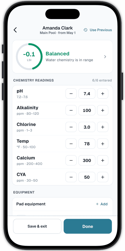 PoolOps chemistry screen with water readings and LSI dosage guidance