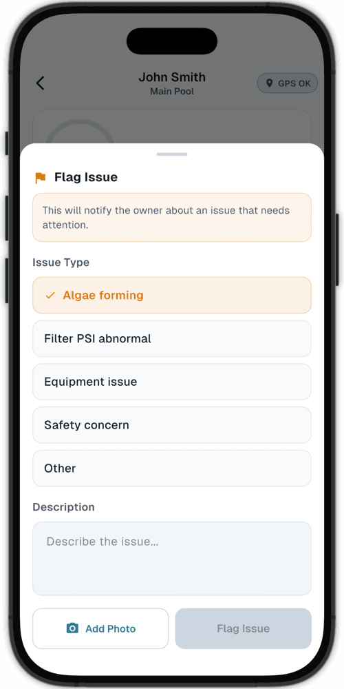 PoolOps mobile issue form with a service photo and technician note
