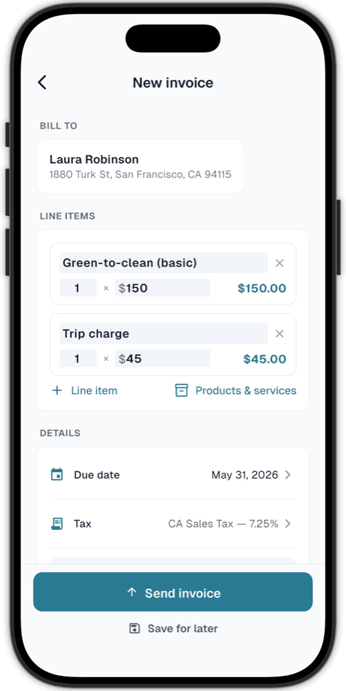 PoolOps mobile invoice screen with customer line items