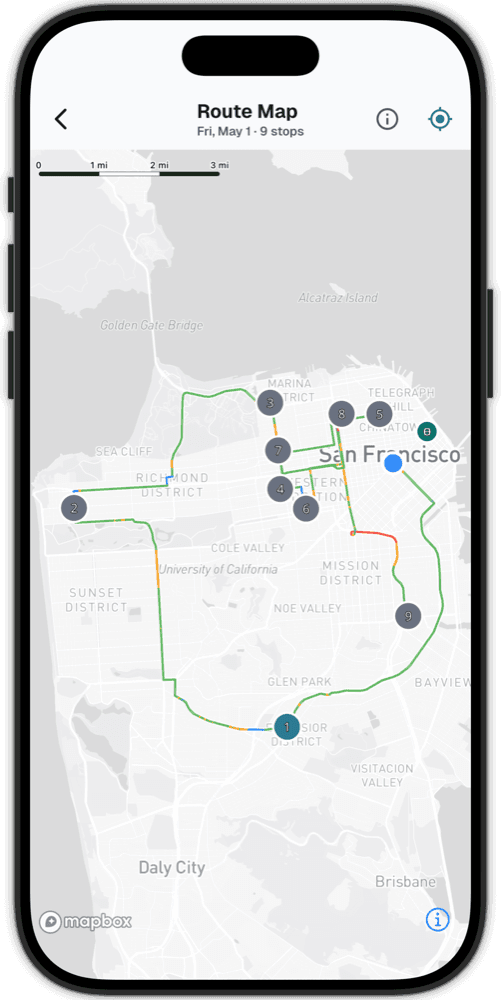 Map view of the day with stops plotted