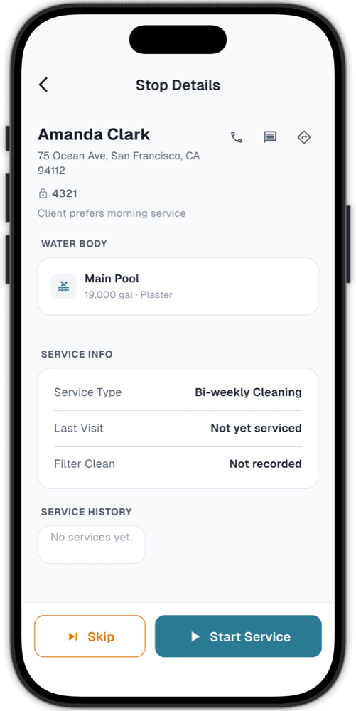 PoolOps stop details screen with customer service information