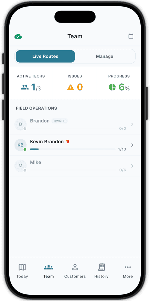 PoolOps mobile team screen with technician assignments