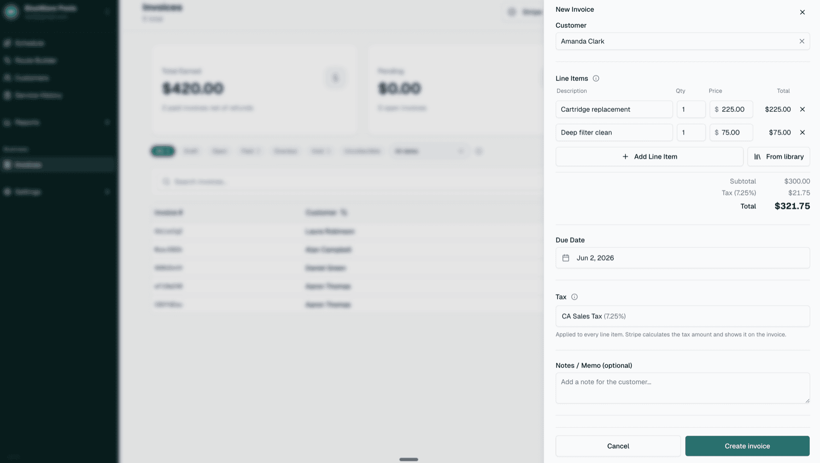 PoolOps invoice builder with a customer selector, service line items, and invoice total