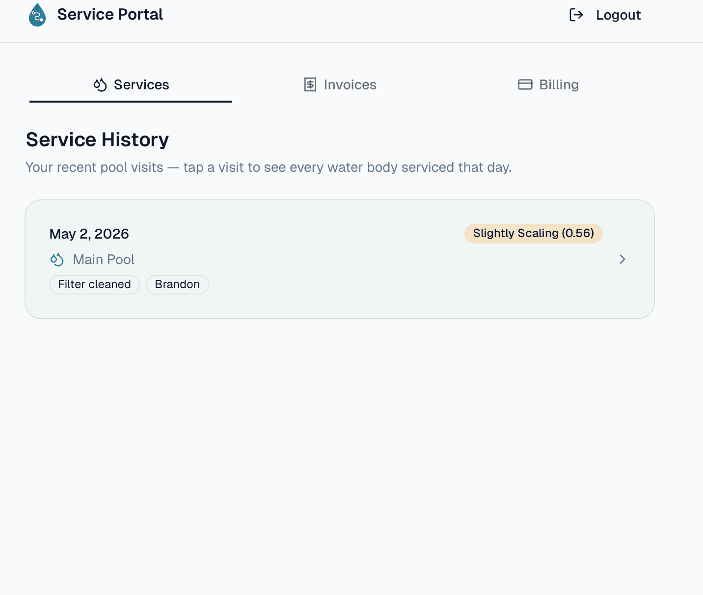 Homeowner portal — service summary view.