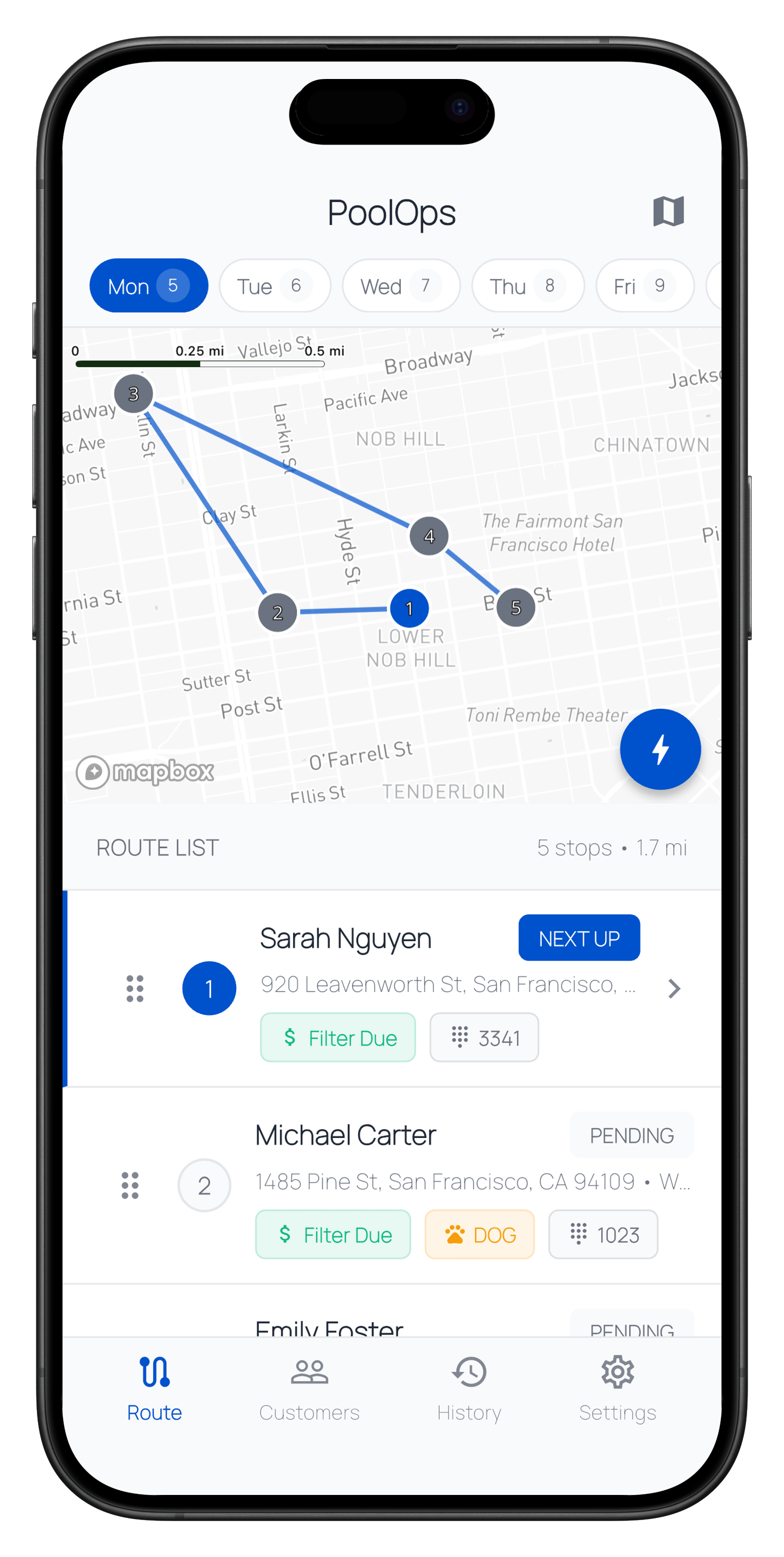 PoolOps mobile app showing route optimization and pool chemistry readings